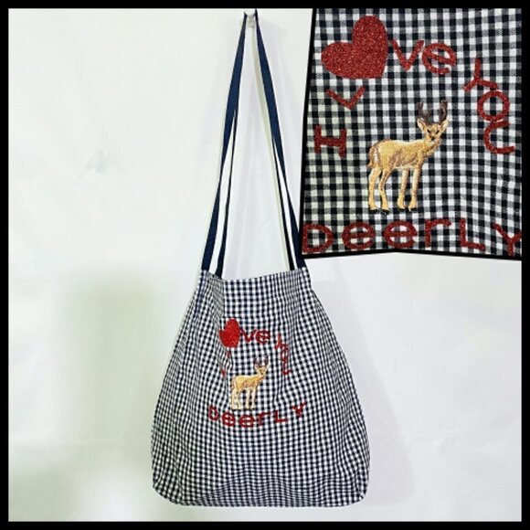 Handmade Cute Gingham Tote I love You Deerly Graphic Canvas Everyday Bag - Picture 1 of 7